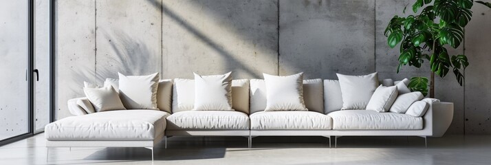 Fototapeta na wymiar Minimalist Living: White Sofa Against Concrete Wall in Modern Home Interior