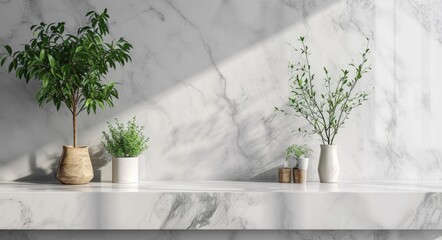 Minimalist Office Space: White Marble Countertop for Product Display and Advertising