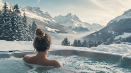 Girl relaxing in hot tub. View of beautiful snow-capped mountains in winter. Rest, vacation and relaxation concept.