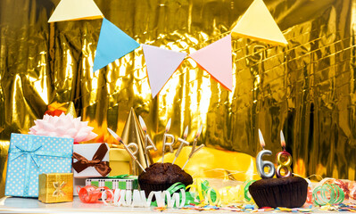 Date of Birth  68. Festive party word from candles. Scenery with gift boxes, greeting card...
