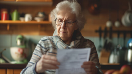 Elderly woman holds a paper bill as she endeavors to decipher its contents, managing her finances. Vintage and blurry kitchen background. - obrazy, fototapety, plakaty