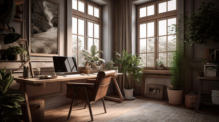 home office with plant, desk and large windows