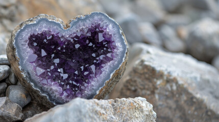 Heart-shaped amethyst geode inside a granite rock. - obrazy, fototapety, plakaty