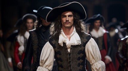 Male models showcase on the runway a clothing collection inspired by the musketeer characters from the novels of Alexandre Dumas