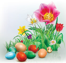 Easter eggs in the foreground of spring grass and tulips. Vector mesh illustration