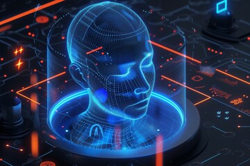 Holographic projection of a person from the database. Background with selective focus and copy space