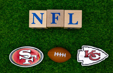 Fototapeta premium February 7, 2024, Las Vegas, USA. The emblems of football clubs San Francisco 49ers and Kansas City Chiefs participating in the Super Bowl playoffs of the National Football League..
