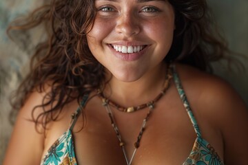 A happy plus-size woman in a swimsuit looks at her partner. Background with selective focus and copy space