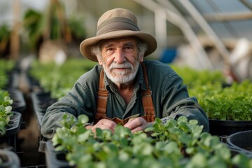 An elderly man is a farmer. Background with selective focus and copy space