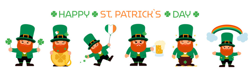 Long banner for Happy St. Patrick's Day with cute leprechauns