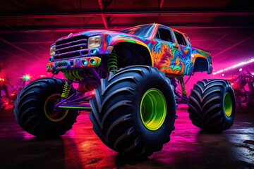Neon-Lit Monster Truck at Show - obrazy, fototapety, plakaty