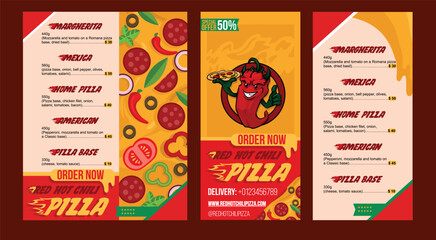 Menu template for a pizzeria. Red hot spicy pizza with delivery. Logo with pepper character