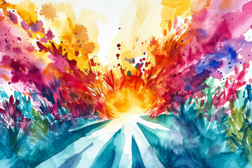 Fototapeta na wymiar watercolor illustration of a colorful burst, with a beautiful garden in the background.