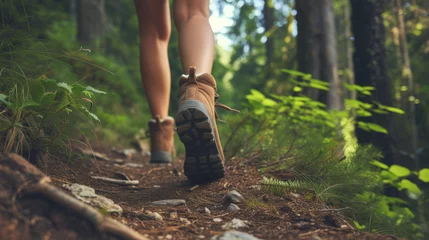 Türaufkleber Hiker walks on a forest trail. Outdoor walking, hiking, trekking and contact with nature. © Synaptic Studio