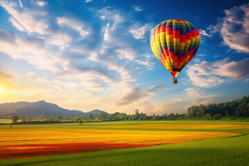 Obraz premium Colorful hot air balloon over blooming field meadow at sunset