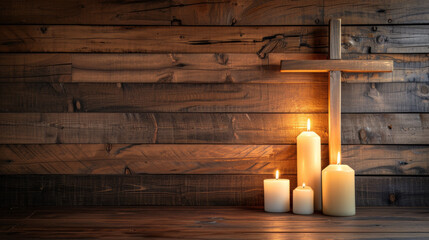 Christian cross with candles. Concept of Christianity, faith and Christian Easter.