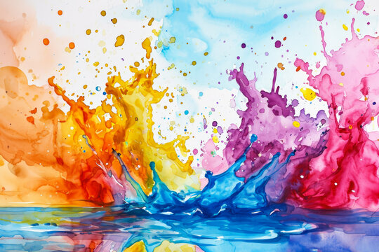 watercolor illustration of a colorful splash, with a beautiful blue sky in the background.