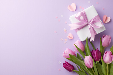 Kindness in selection: best tips for march 8th gifts. Top view photo of present box, tulips bouquet, hearts, colorful confetti on lilac background with promo panel