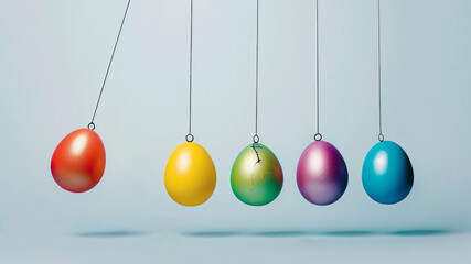 Newton's pendulum with Easter eggs on blue pastel background. Abstract, minimal Easter concept.