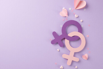 Embracing diversity: empowering women's same-sex relationships. Top view shot of female gender symbols, pink hearts, confetti on purple background with promo area