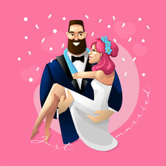 Newlyweds. The groom carries the bride in his arms. The lovers are happy. Cartoon illustration