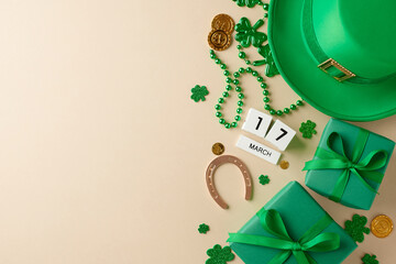 Irish elegance: Stylish gifts for St. Patrick's Day. Top view composition of cube calendar, traditional hat, festive gift boxes, horseshoe, trefoils, coins, beads on beige background with advert space