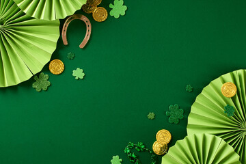 Emerald Extravaganza: marking St. Patrick's Day with panache. Top view photo of folding fans,...