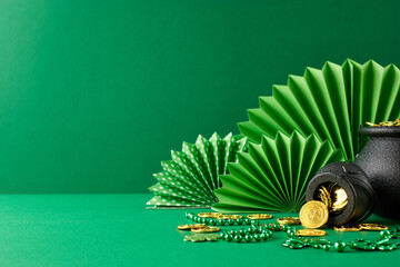 Pots of gold: a glittering St. Paddy's Day celebration. Top view photo of pots with coins, folding...