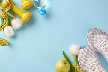 Spring into fitness: energizing workouts for a vibrant season.  Top view photo of apple, white sneakers, water bottle, sport equipment, flowers on on pastel blue background with advert space
