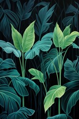 Green leaves and stems on a Blue background