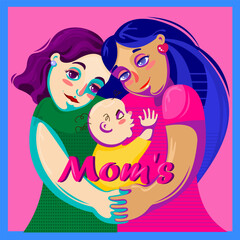 Two moms cuddling their baby boy. Mothers day illustration