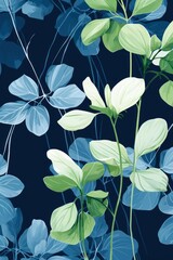 Fototapeta na wymiar Green leaves and stems on a Blue background