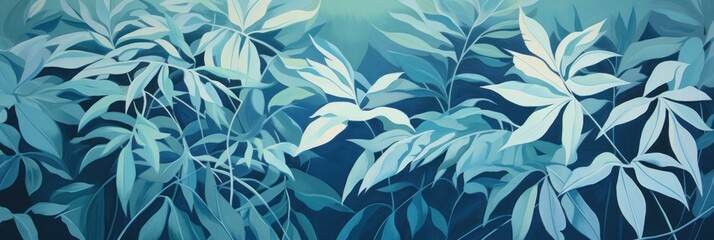 Fototapeta na wymiar Green leaves and stems on a Blue background