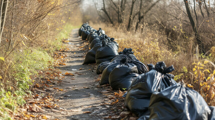 A series of black garbage bags piled along a leaf-strewn park path, indicating a cleanup effort