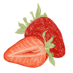 Ilustración de fresas con textura de lápiz de color. Fresas aislada en fondo transparente