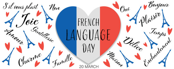 Banner for French Language Day with drawn heart and Eiffel towers
