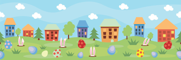 Colorful houses and painted Easter eggs with bunny ears in park