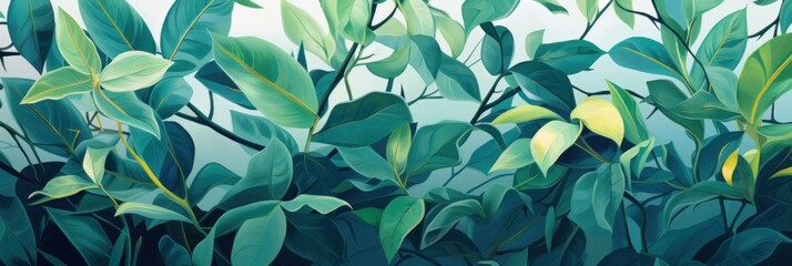 Green leaves and stems on a Cyan background - obrazy, fototapety, plakaty
