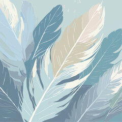 feathers in light blue white background oil painting.