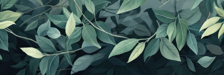 Green leaves and stems on a Gray background - obrazy, fototapety, plakaty
