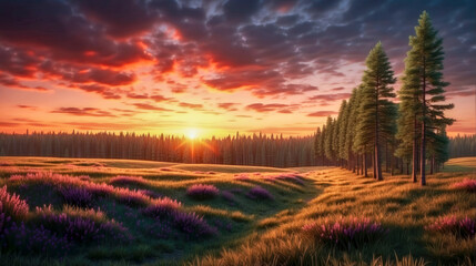 Spring landscape with pine forest surrounded by meadows and natural sky at sunset. Generative ai