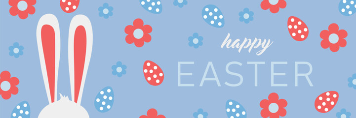 Easter banner with bunny ears, flowers and eggs on blue background