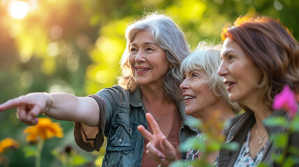 Senior, women and friends pointing in park and retirement smile in a garden. Nature, holiday and conversation with elderly female people on vacation feeling happy 