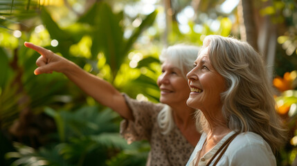 Senior, women and friends pointing in park and retirement smile in a garden. Nature, holiday and...