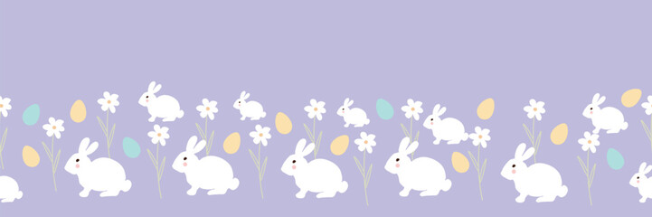 Easter pattern with bunnies, dyes eggs and flowers on lilac background
