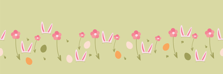 Easter pattern with bunny ears, dyes eggs and flowers on color background