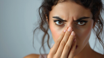 Closeup of a beautiful young woman covering her nose with a hand, disgusted and unhappy face expression because of the bad stinky smell. Unpleasant aroma, upset girl, studio photography, holding nose - obrazy, fototapety, plakaty