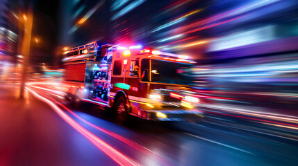 Emergency firefighting department driving a truck at a fast speed at night through the city streets with lights on, rushing service to rescue people from the flame, 911 station team to extinguish fire