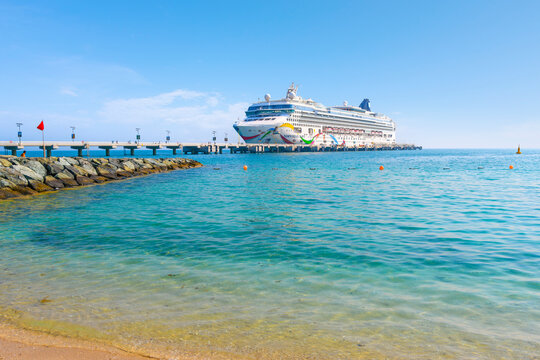 The Norwegian Cruise Lines Dawn ship is docked at the small cruise port at Sir Bani Yas island, Abu Dhabi, United Arab Emirates, January 20 2024. 