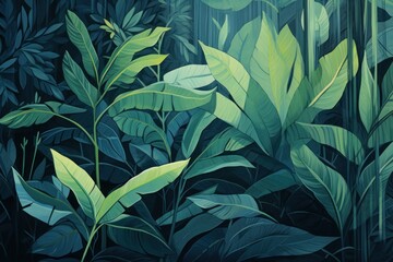 Green leaves and stems on a Khaki background - obrazy, fototapety, plakaty